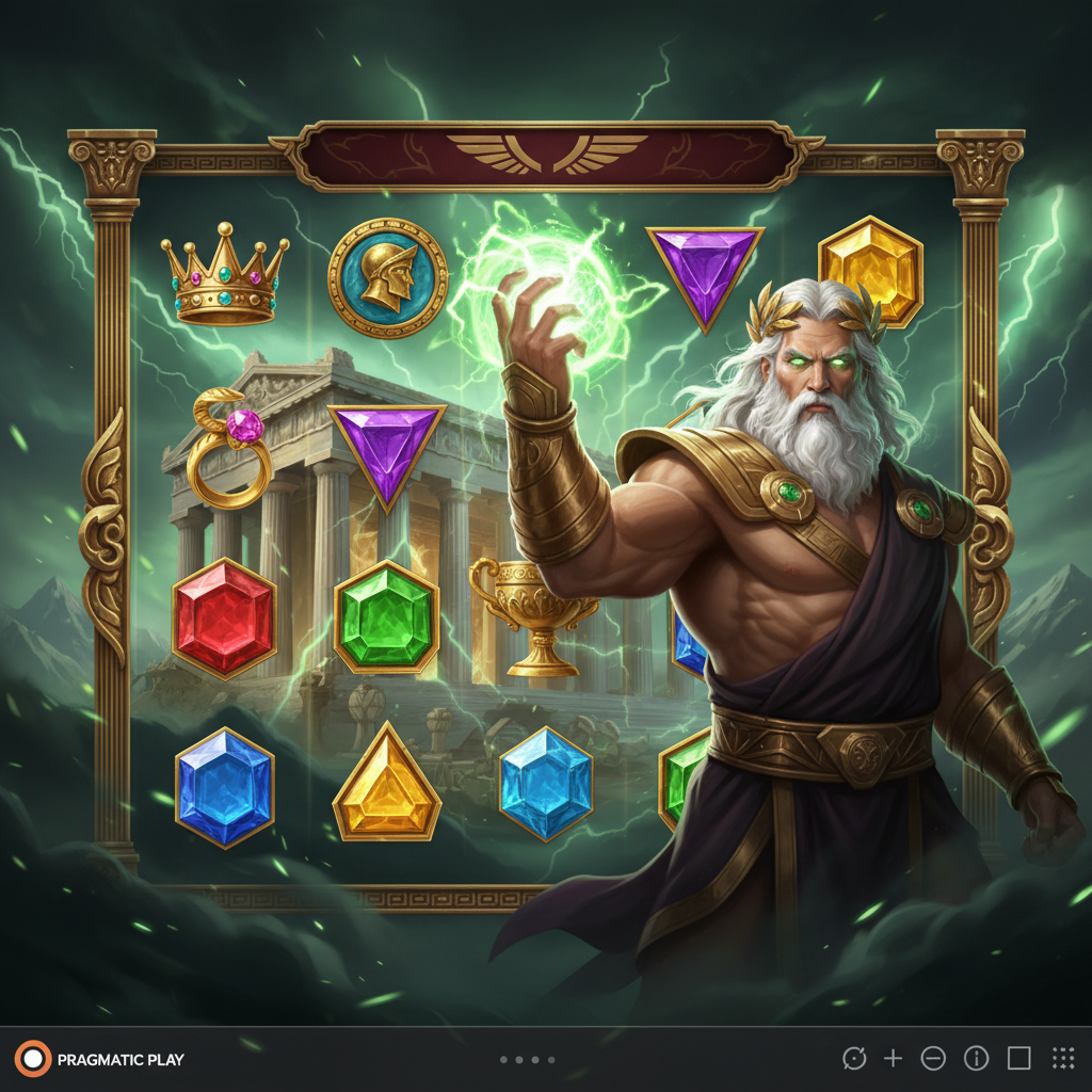 888 of Olympus - Zeus z piorunami na tle złotej świątyni Olimpu, slot Pragmatic Play z mechaniką klastrową i mnożnikami