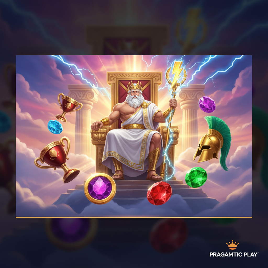 Fortune of Olympus - Zeus na złotym tronie na Górze Olimp z piorunami, symbolami gry: złoty puchar, zielony hełm spartański, fioletowy pierścień i klejnoty, błyskawica, atmosfera majestatu greckiej mitologii