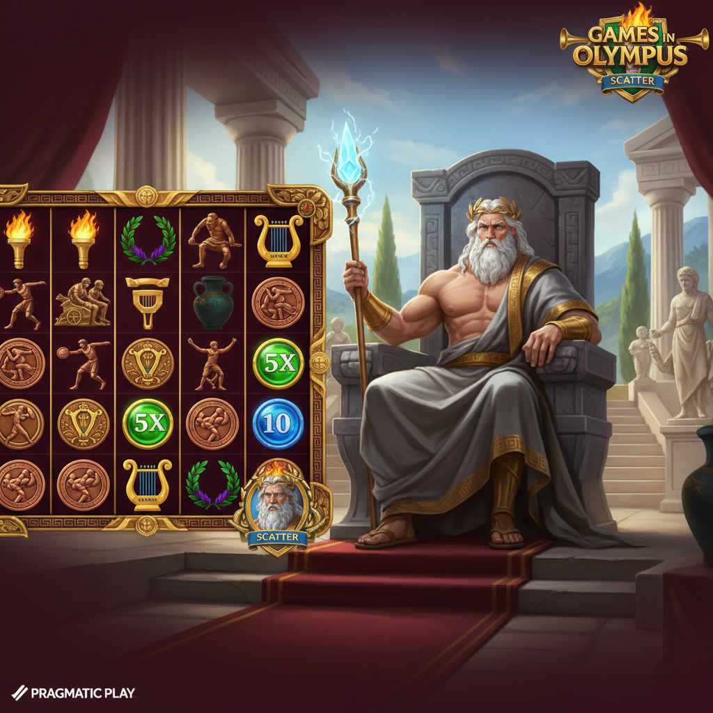 Games in Olympus slot - Zeus na tronie z greckim olimpijskim ogniem, symbolami mnożników, laurowym wieńcem i marmurowymi kolumnami w tle, siatka 6x5 z mechaniką Scatter Pays
