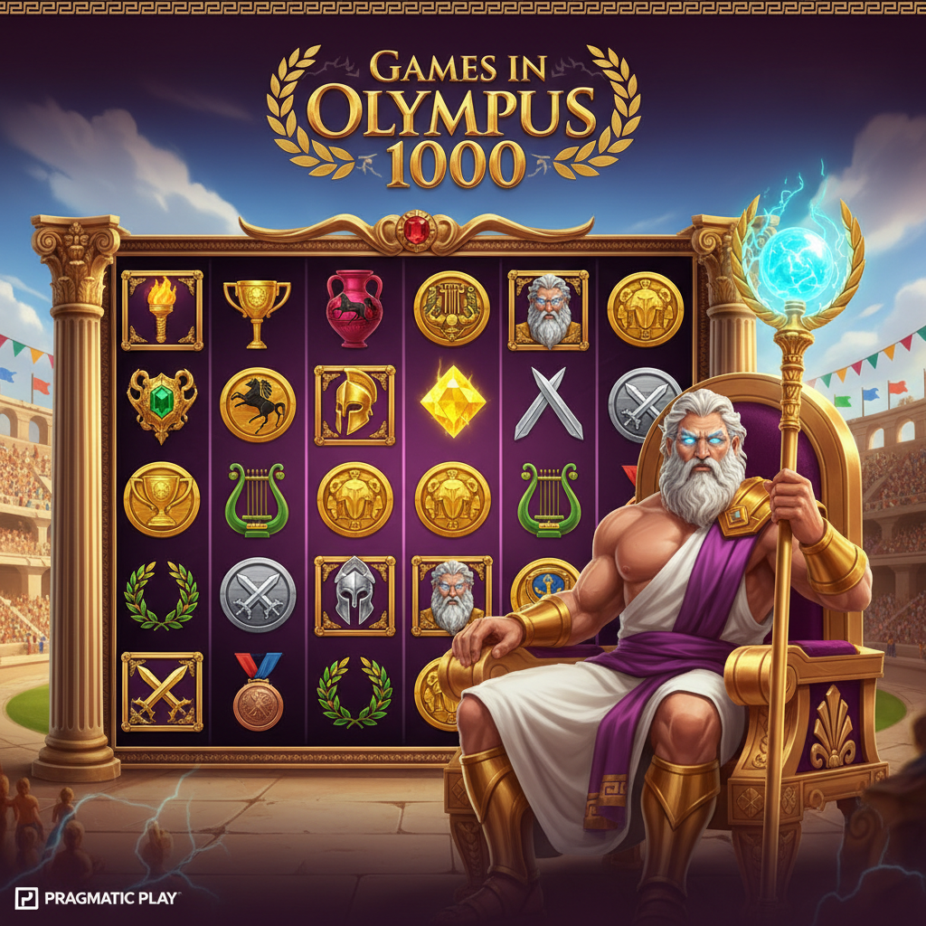 Gates in Olympus 1000 slot - Zeus na złotym tronie w koloseum z piorunami, olimpijska pochodnia, siatka gry 6x5 z symbolami starożytnej Grecji, kamienie szlachetne mnożników