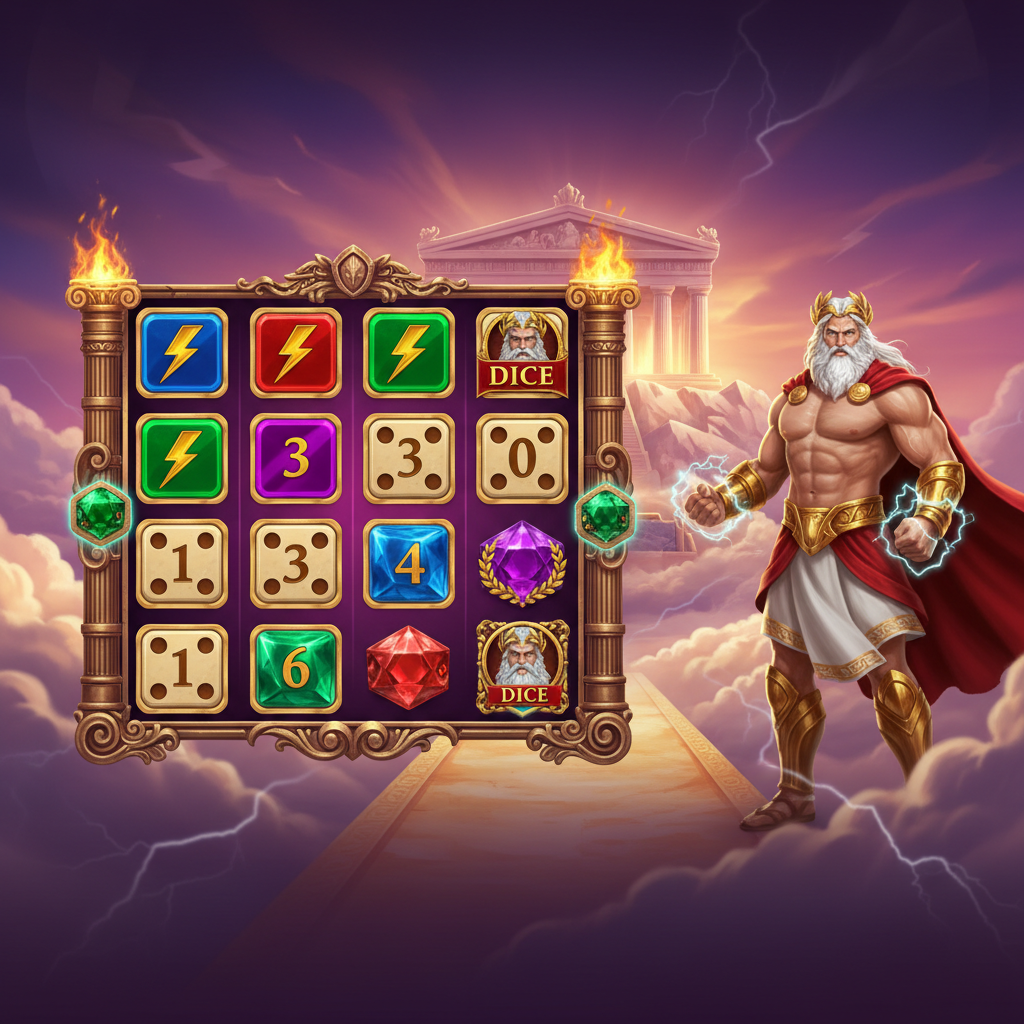 Gates of Olympus 1000 Dice slot - Zeus trzymający błyskawice na tle złotych świątyń Olimpu, siatka 6x5 z kolorowymi symbolami piorunów i kości do gry, ozdobna złota rama z greckimi motywami architektonicznymi