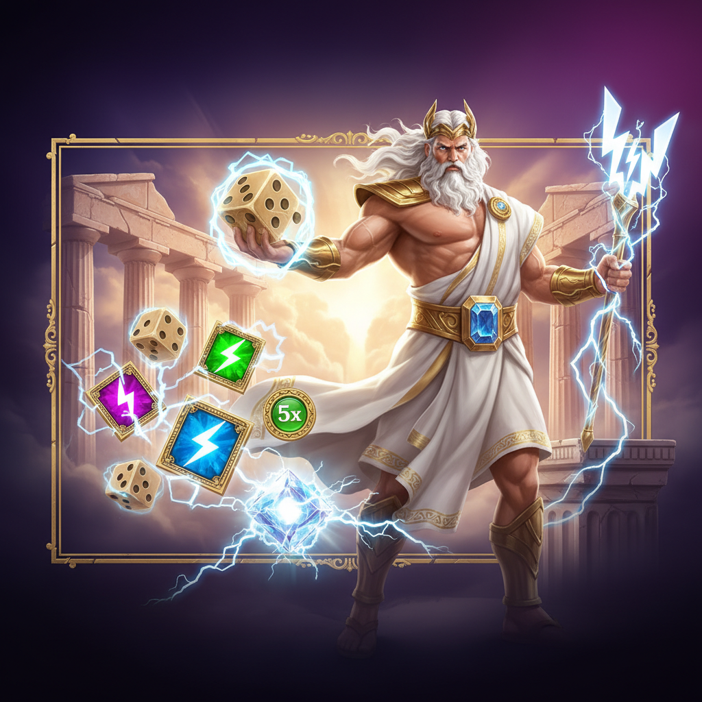 Gates of Olympus Dice - Zeus trzymający złote kości z piorunami, marmurowe kolumny greckiej świątyni w tle, elektryczne niebieskie efekty energii
