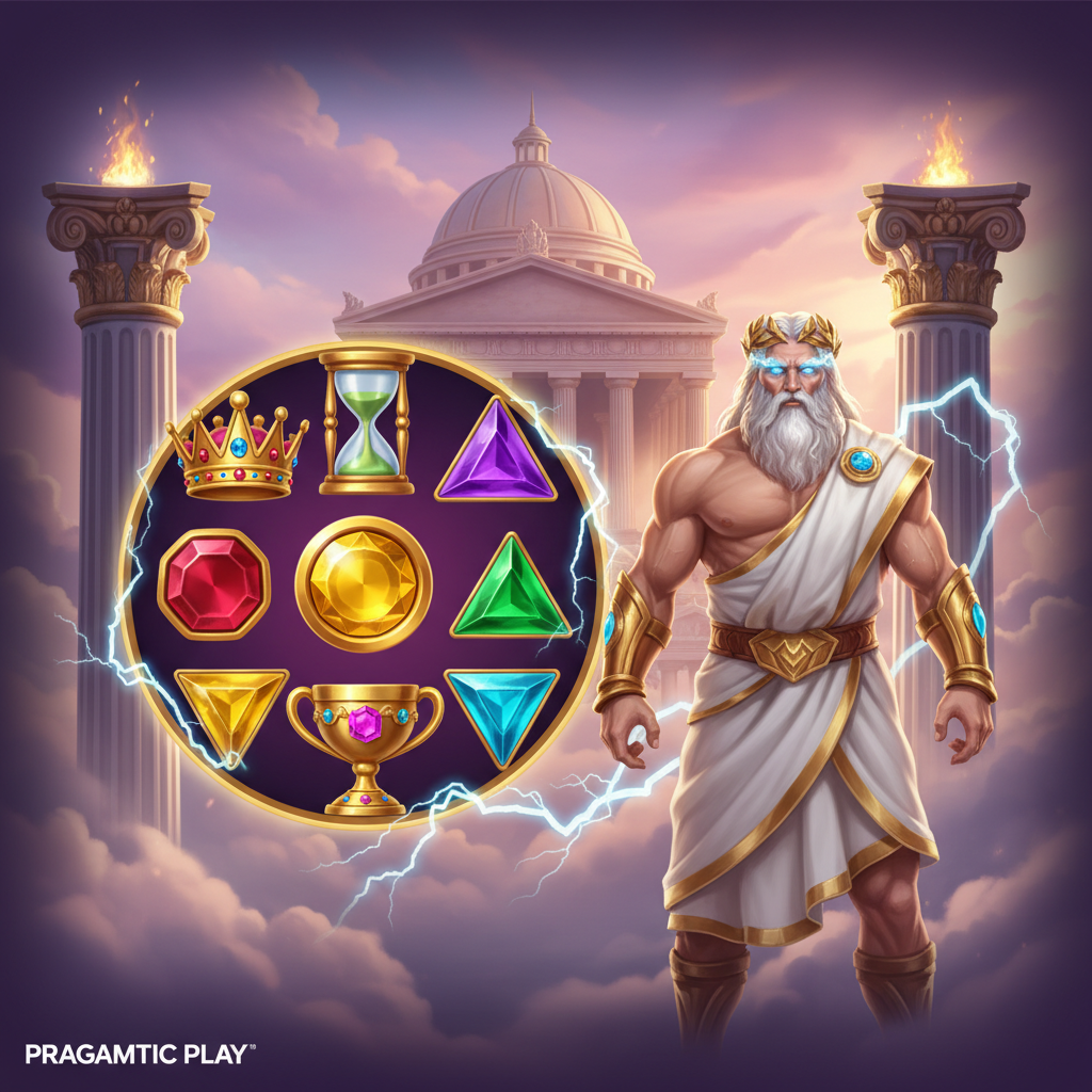 Gates of Olympus Pachi - Zeus z białą brodą i złotym wieńcem laurowym, świątynia grecka w tle, złota korona z klejnotami i symbole slotu na niebiańskim tle z chmurami