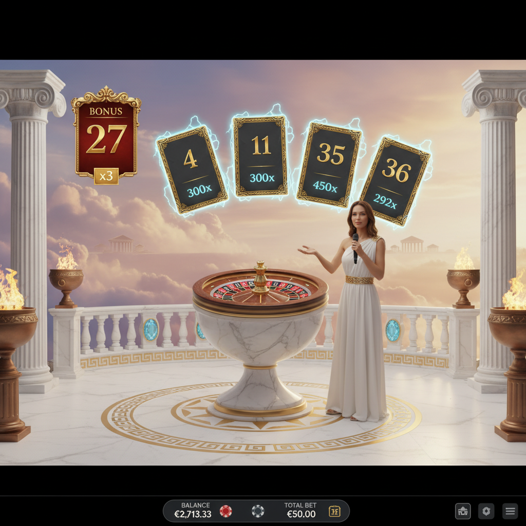 Gates of Olympus Roulette - ruletka na żywo z Zeus, biały marmurowy stół rulety, greckie kolumny i Lucky Numbers z mnożnikami na tle Olimpu