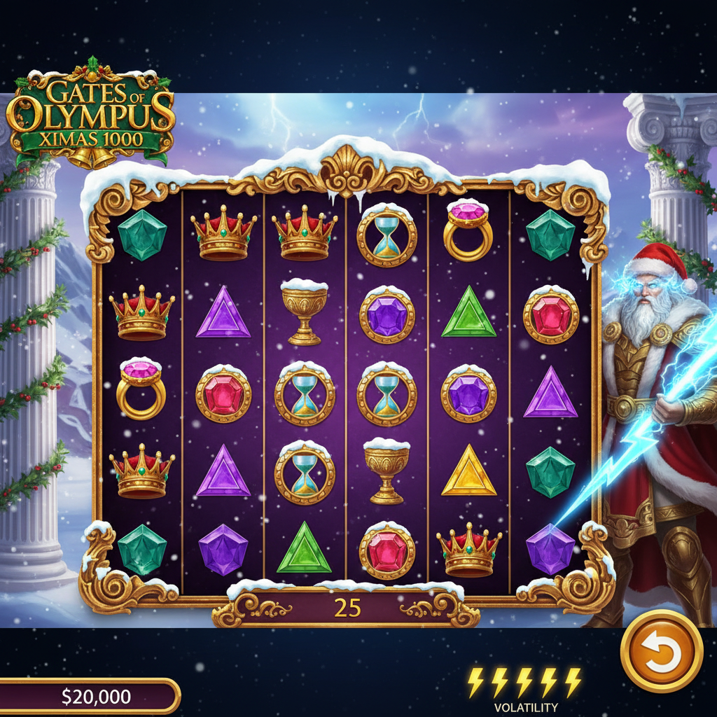Gates of Olympus X-Mas 1000 - Zeus w stroju Świętego Mikołaja z błyskawicą, złota korona, klepsydra i klejnoty na ośnieżonej siatce 6x5 z greckimi kolumnami