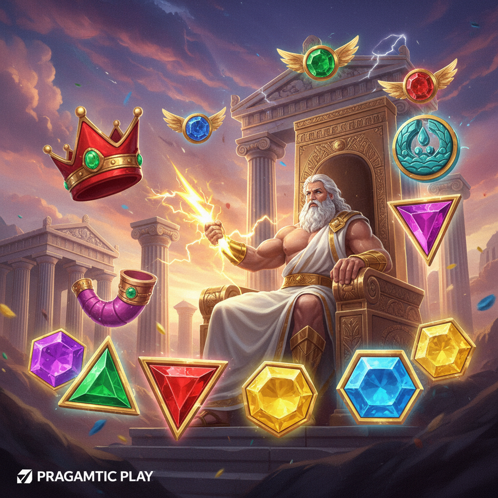 Gates of Olympus slot - Zeus z błyskawicą na tle greckich kolumn i fioletowego nieba Olimpu, złota korona i klejnoty symbolizujące funkcje bonusowe gry Pragmatic Play