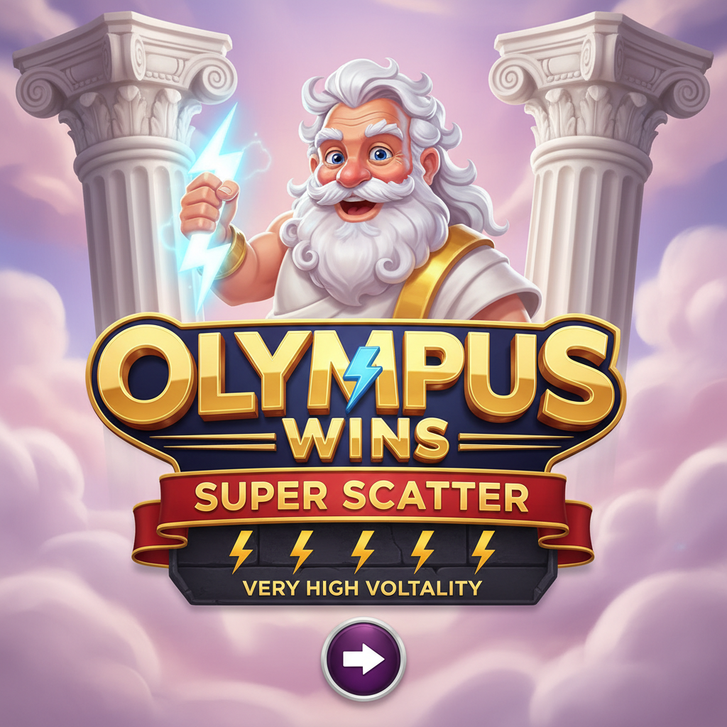 Olympus Wins Super Scatter slot game featuring Zeus with lightning bolt against purple cloudy sky with marble Greek columns and golden crown symbols