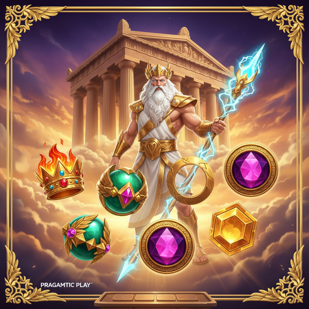Gates of Olympus 1000 slot Pragmatic Play - Zeus z białą brodą stojący przed złotą świątynią z kolumnami, symbole klejnotów w kształcie heksagonów i koron z płomieniami, motyw greckiej mitologii